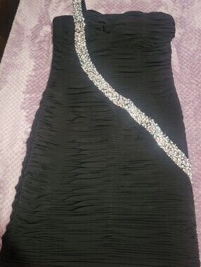 JS Boutique Black One-Shoulder Ruched Dress with Crystal Diagonal Strap